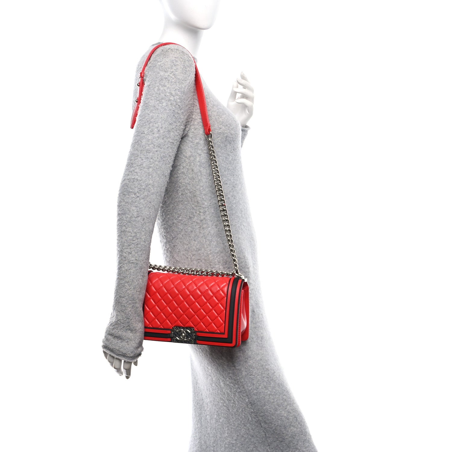 Chanel Lambskin Rubber Quilted Medium Two Tone Boy Flap Red Black 2 of 11