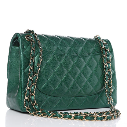 Chanel Metallic Caviar Quilted Jumbo Double Flap Green 3 of 13