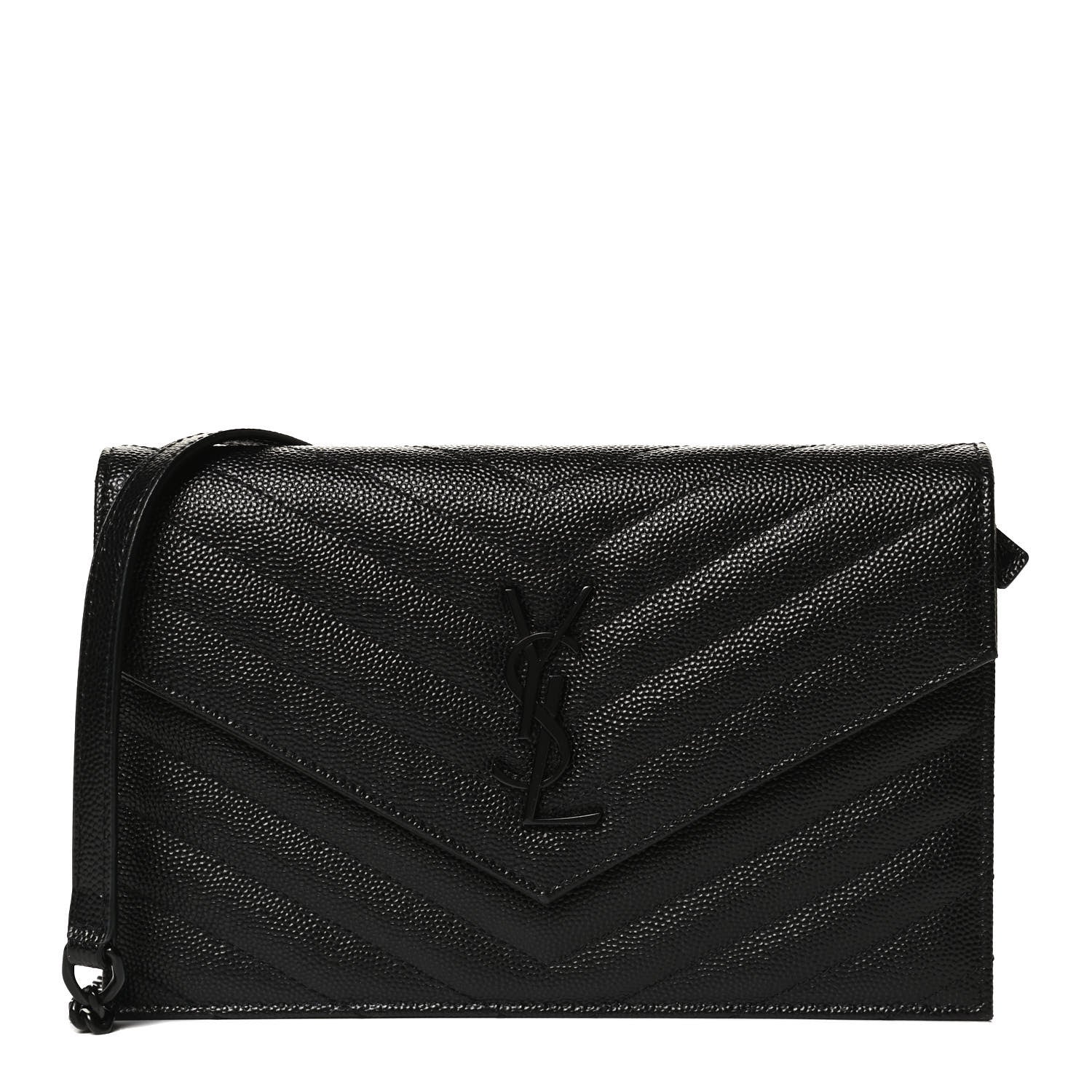 Saint Laurent Grain De Poudre Matelasse Chevron Monogram Monochrome Envelope Chain Wallet Black 1 of 11