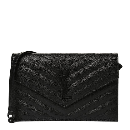 Saint Laurent Grain De Poudre Matelasse Chevron Monogram Monochrome Envelope Chain Wallet Black 1 of 11