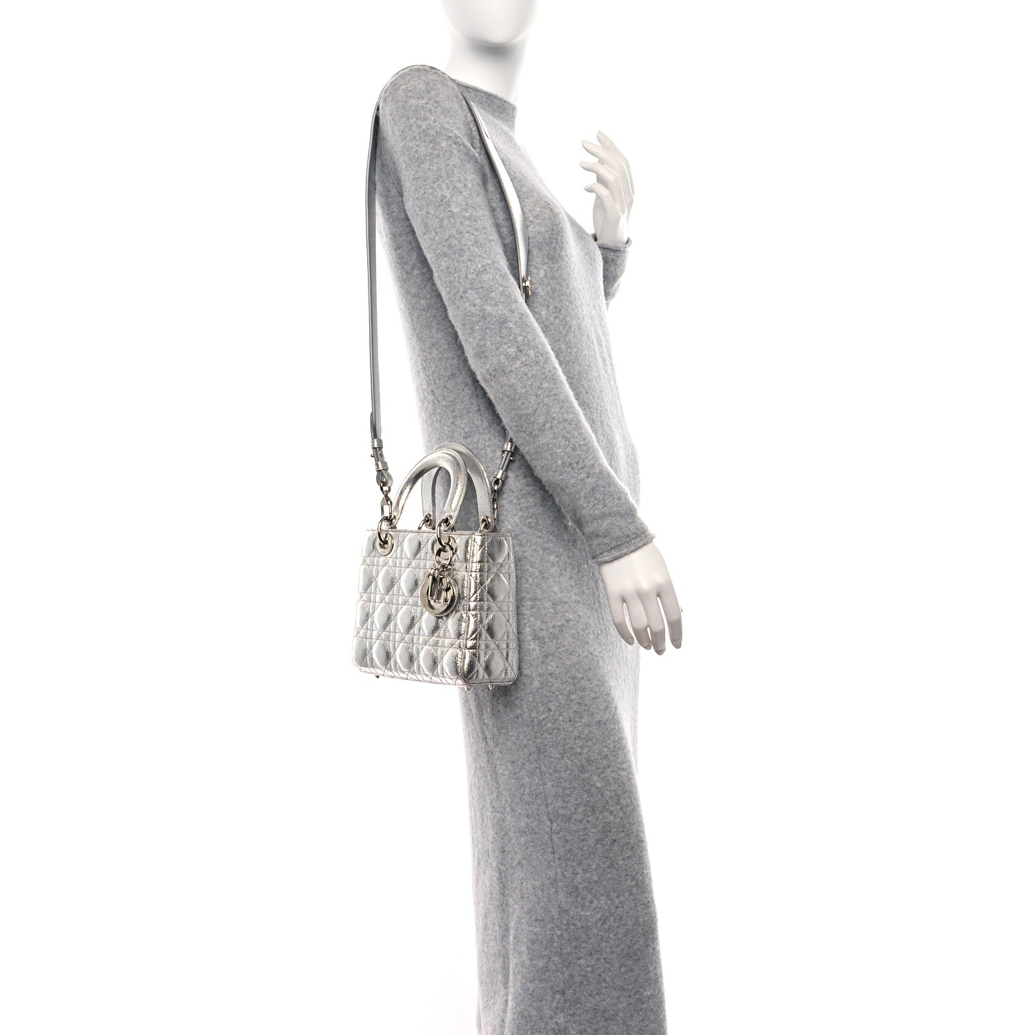 Christian Dior Metallic Grained Calfskin Cannage Small Lucky Badges My Lady Dior Silver 2 of 9
