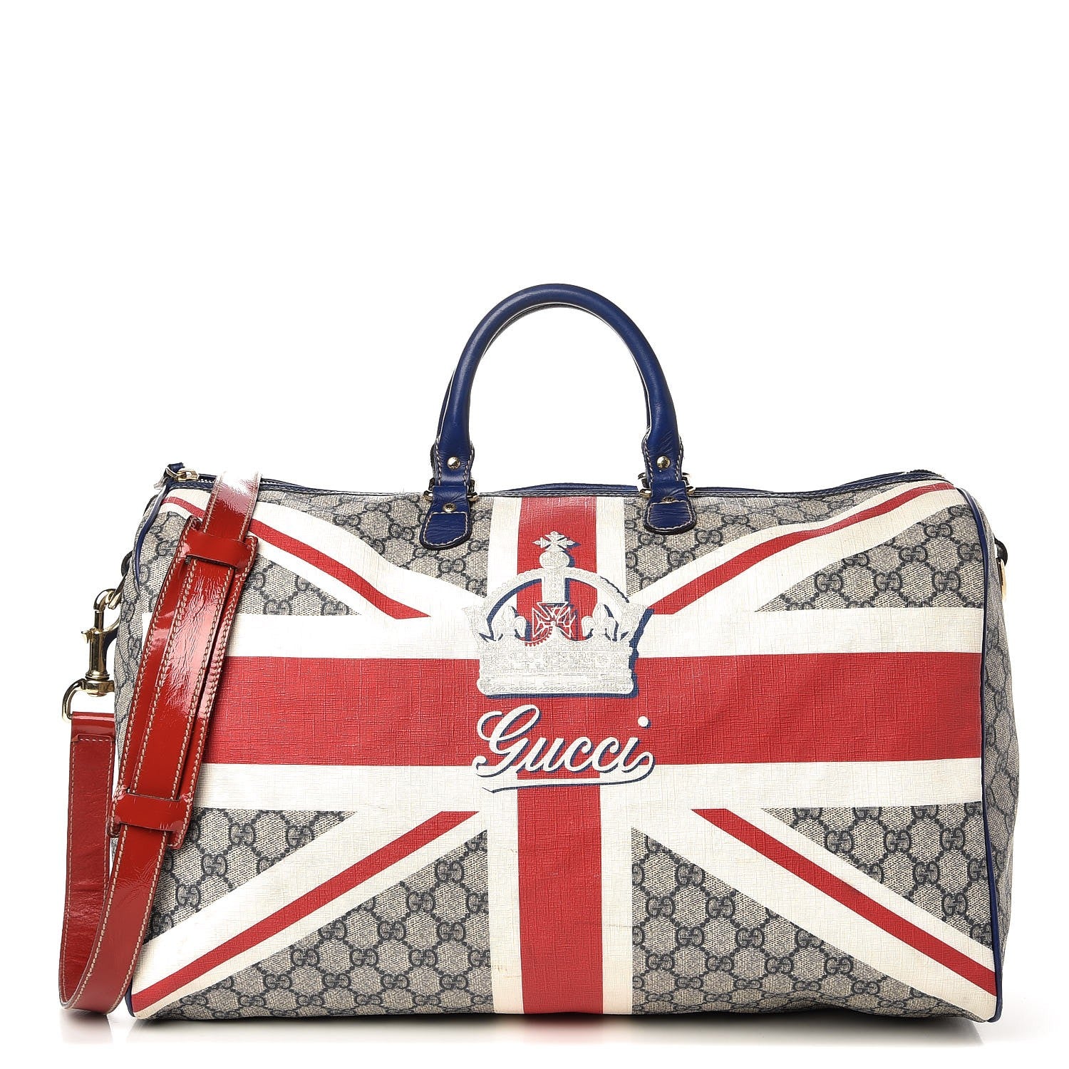Gucci GG Plus Monogram Large Sloaney Union Jack British Flag Boston Duffle Tote Blue 1 of 24