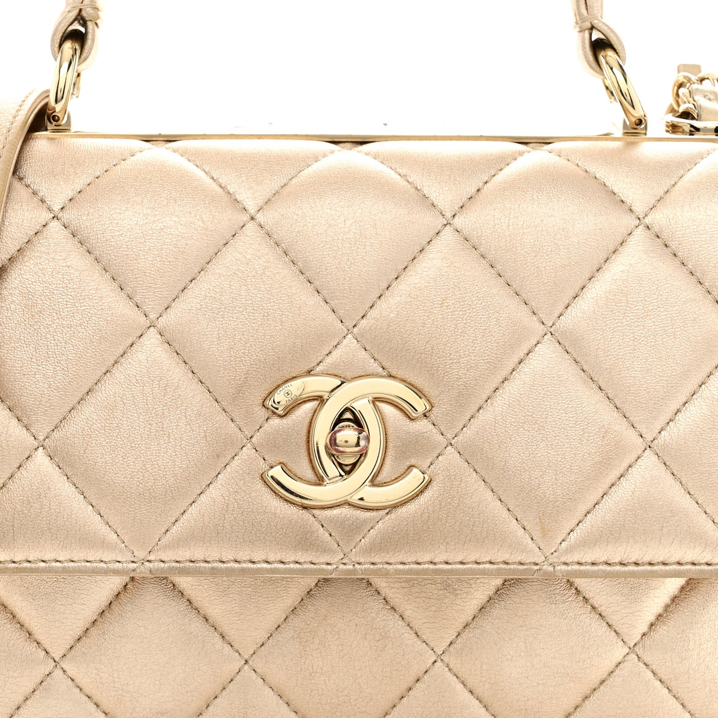 Metallic Lambskin Quilted Small Trendy CC Flap Dual Handle Bag Gold