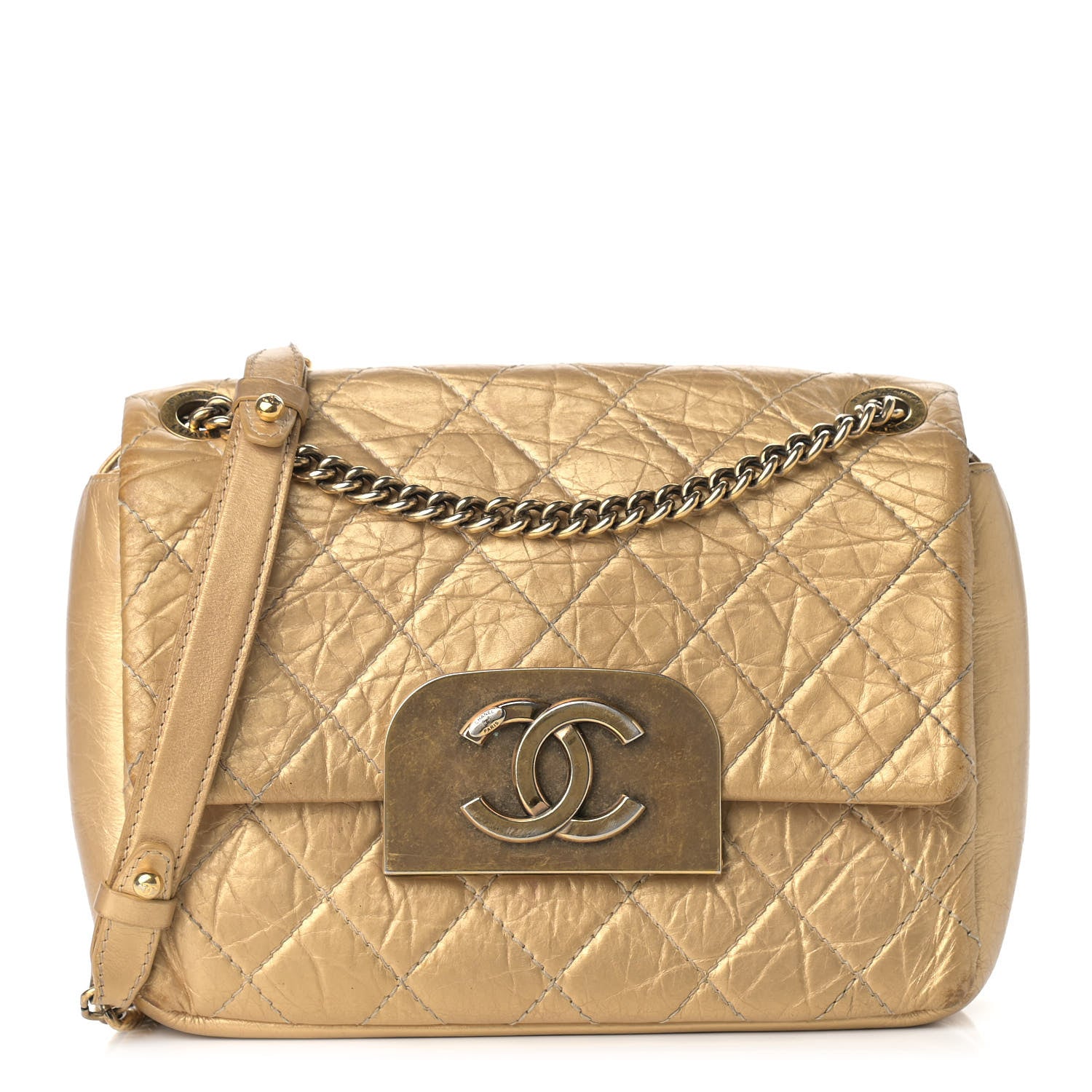 Chanel Metallic Aged Calfskin Quilted CC Square Flap Light Gold 1 of 15