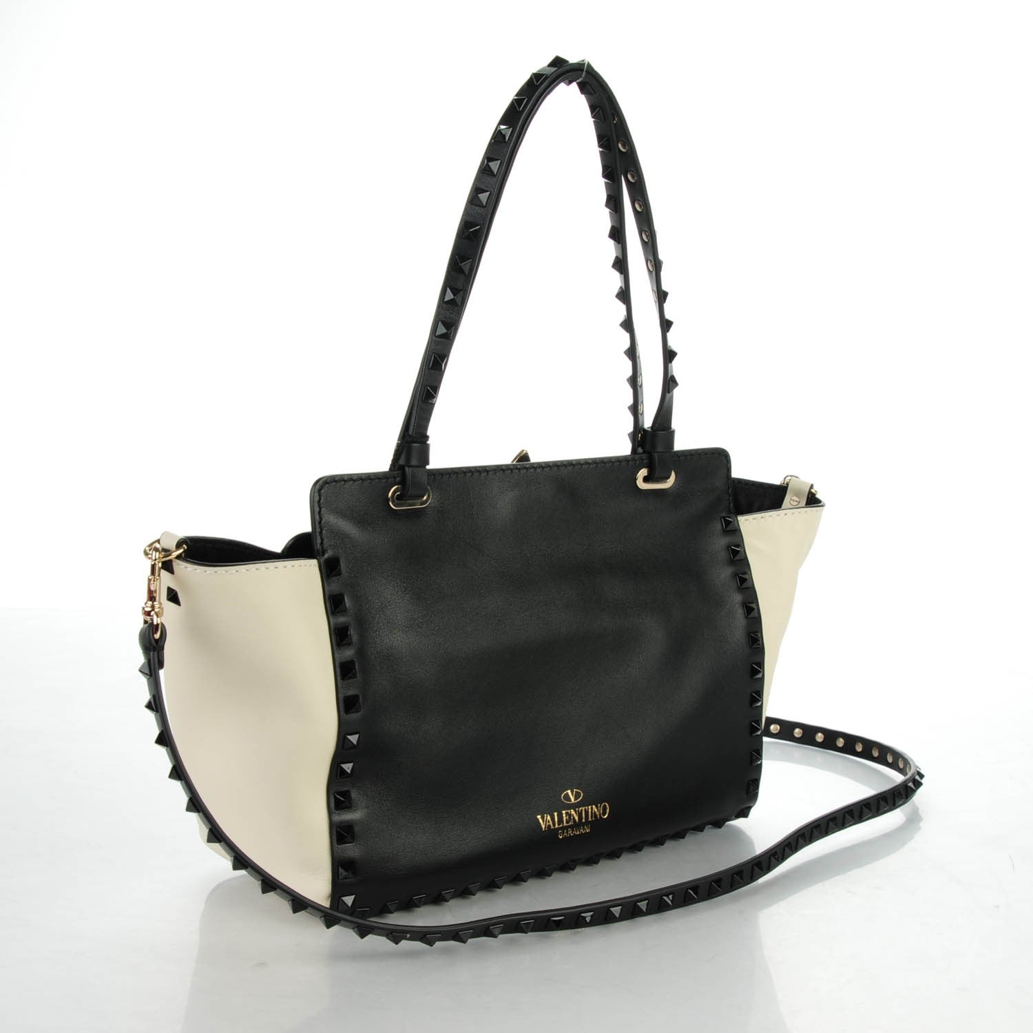 Valentino Garavani Vitello Monochrome Small Rockstud Tote Black Light Ivory 3 of 7