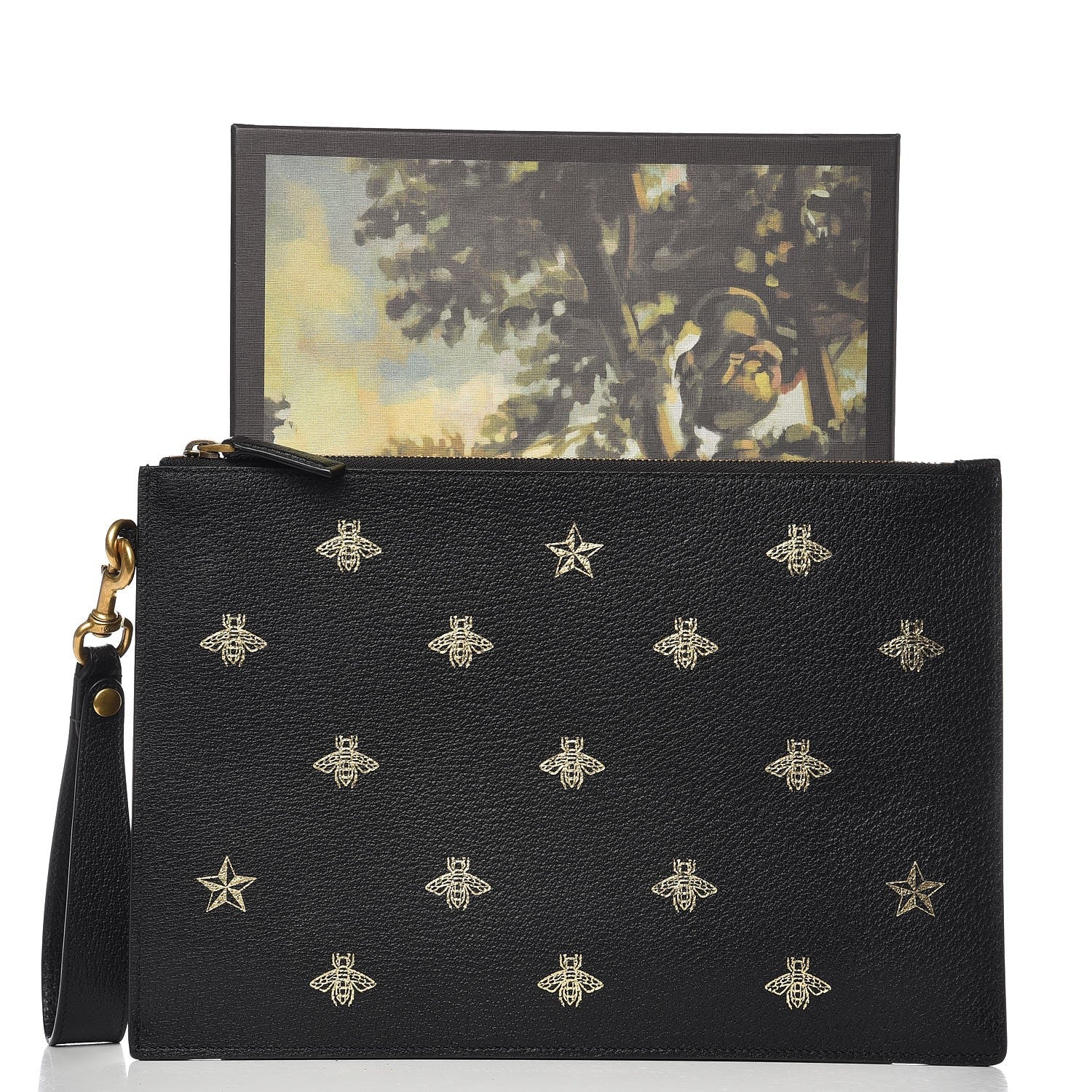 Gucci Dollar Calfskin Boar Effect Bee Star Zip Wristlet Pouch Black 7 of 7