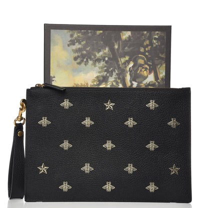 Gucci Dollar Calfskin Boar Effect Bee Star Zip Wristlet Pouch Black 7 of 7