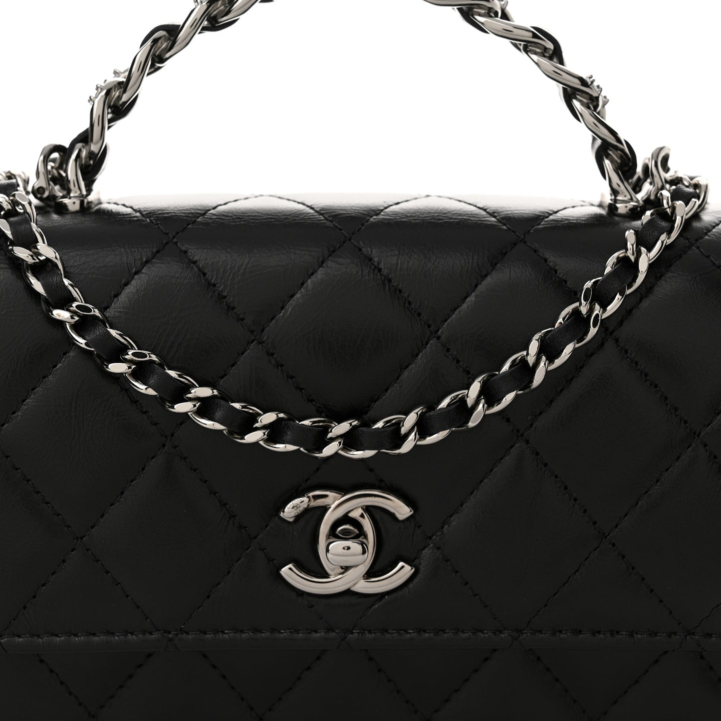 Shiny Crumpled Calfskin Strass Quilted Top Handle Clutch With Chain Black