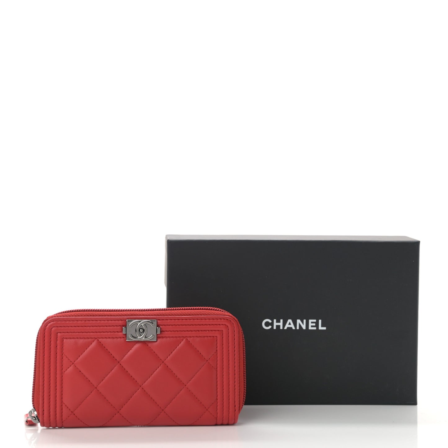 Lambskin Quilted Boy Zip Around Coin Purse Wallet Red