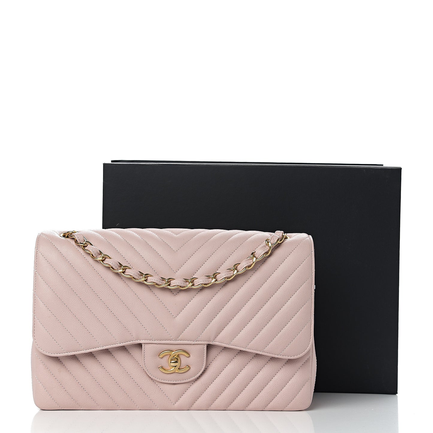 Calfskin Chevron Quilted Jumbo Double Flap Light Pink