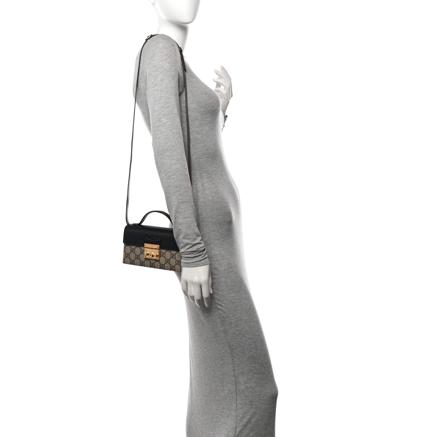 Gucci GG Supreme Monogram Calfskin Mini Padlock Top Handle Shoulder Bag Beige Black Cuir 2 of 11