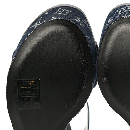 Louis Vuitton Calfskin Monogram Denim Waterfall Wedge Sandals 38 Blue 16 of 18