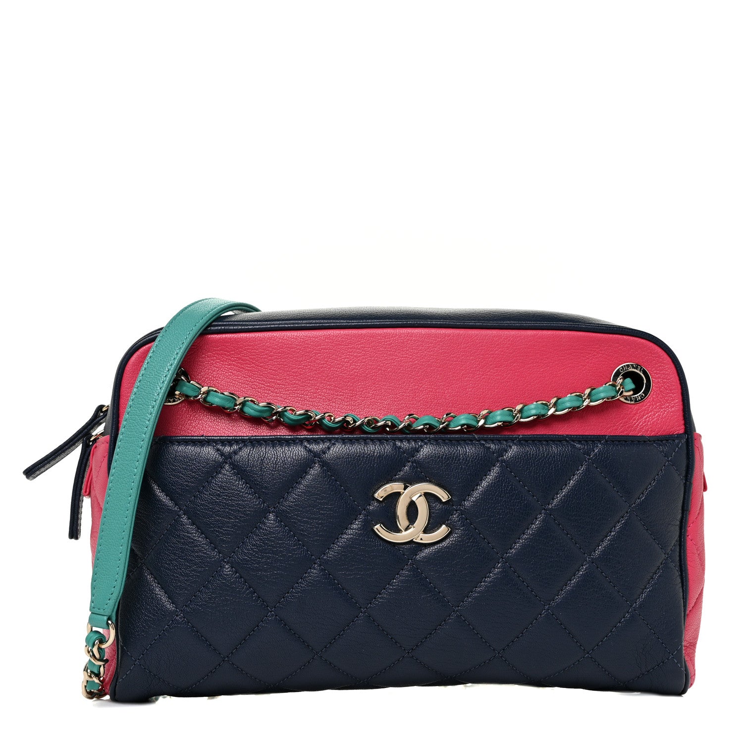 Chanel Goatskin Quilted Tri-Color Medium In & Out Camera Case Navy Turquoise Pink 3 of 13