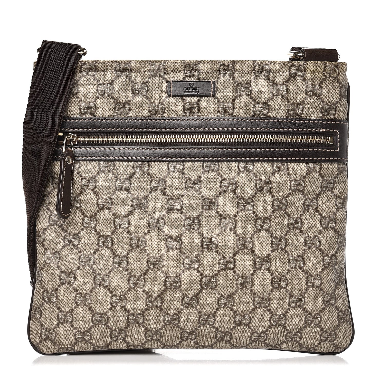 GG Supreme Monogram Selleria Calfskin Small Flat Side Zip Messenger Bag Beige Ebony Cocoa Dark Chocolate
