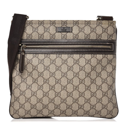 Gucci GG Supreme Monogram Selleria Calfskin Small Flat Side Zip Messenger Bag Beige Ebony Cocoa Dark Chocolate 1 of 7