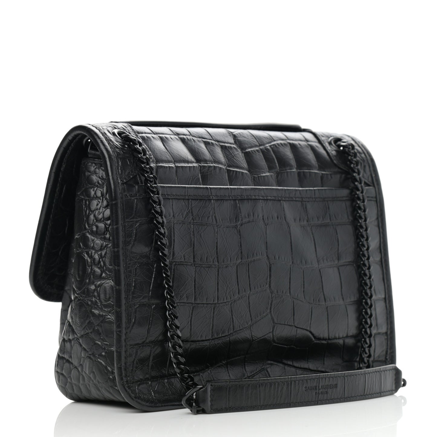 Calfskin Crocodile Embossed Matelasse Monogram Baby Niki Chain Satchel Black