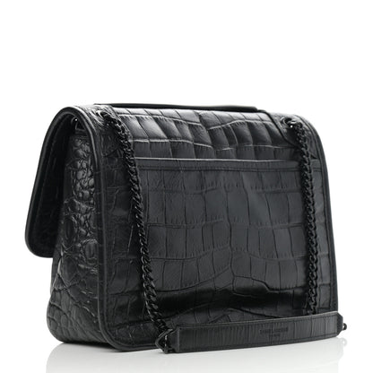 Saint Laurent Calfskin Crocodile Embossed Matelasse Monogram Baby Niki Chain Satchel Black 3 of 12