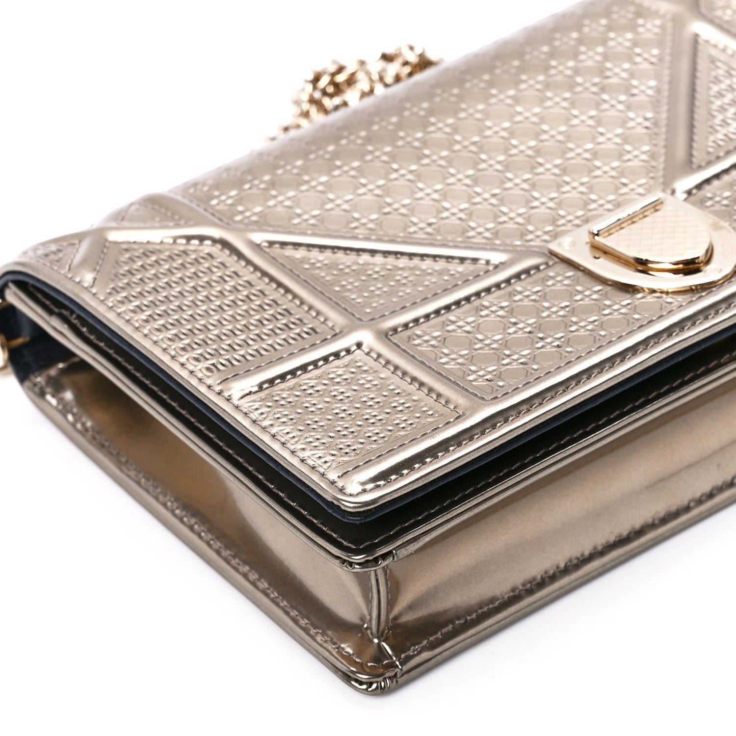 Christian Dior Metallic Patent Micro-Cannage Diorama Wallet on Chain Pouch Gold 9 of 10