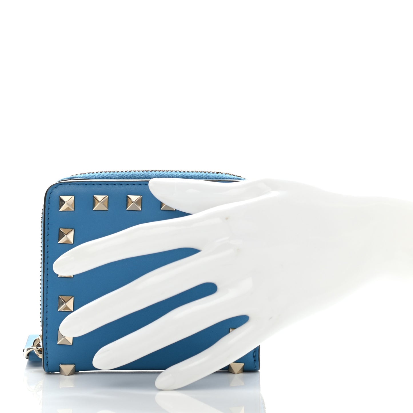 Calfskin Rockstud Compact Zip Around Wallet Light Blue
