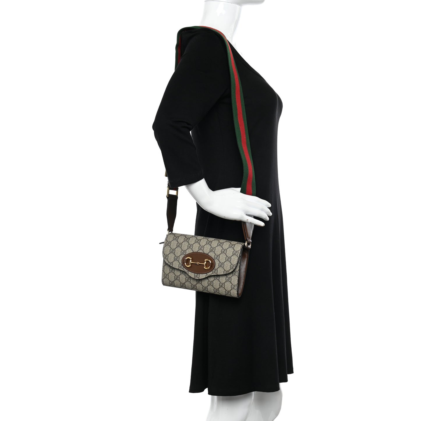GG Supreme Monogram Azalea Calfskin Web Mini Horsebit 1955 Chain Shoulder Bag Beige Ebony Brown Sugar