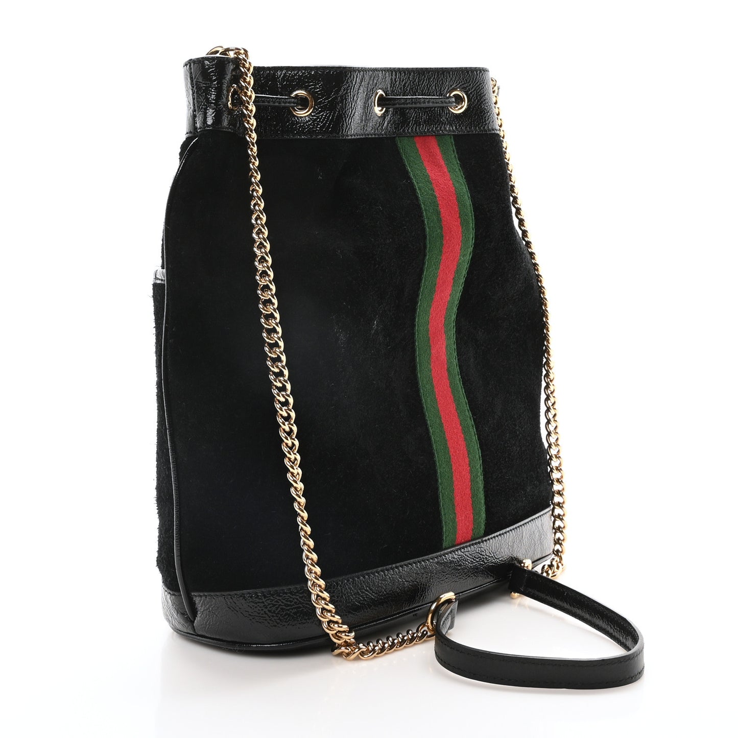 Suede Patent Web Medium Rajah Bucket Bag Black