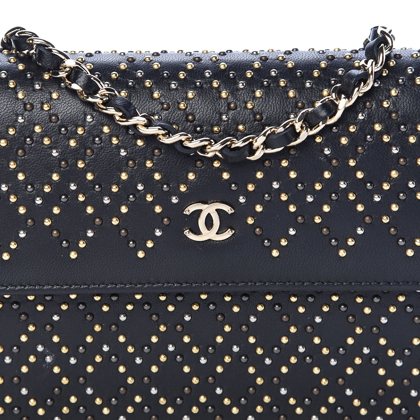 Lambskin Studded Chain Wallet Black