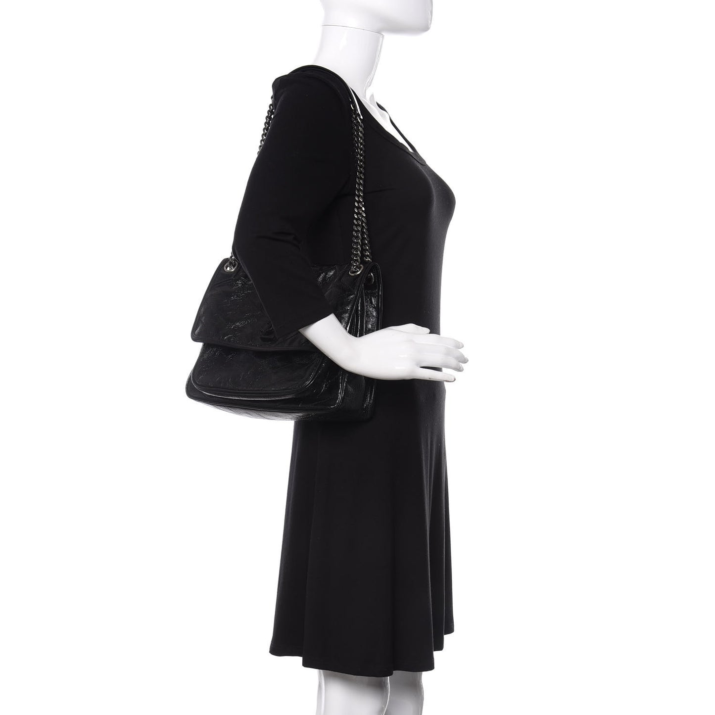 Crinkled Calfskin Matelasse Monogram Medium Niki Chain Satchel Black