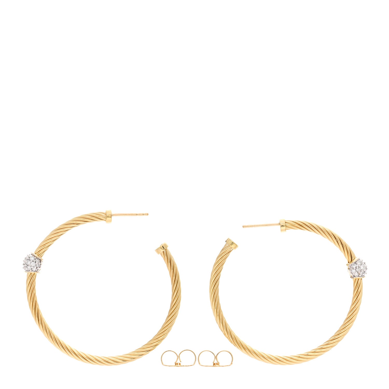 David Yurman 18K Yellow Gold Diamond Cable Station Hoop Earrings 3 of 4