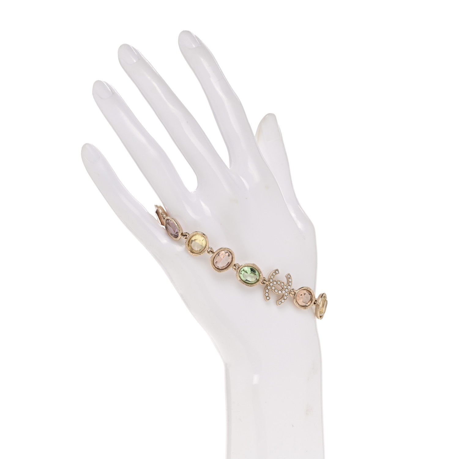 Chanel Metal Glass Crystal Strass Pearl CC Chain Bracelet Gold Multicolor Pearly White 2 of 5