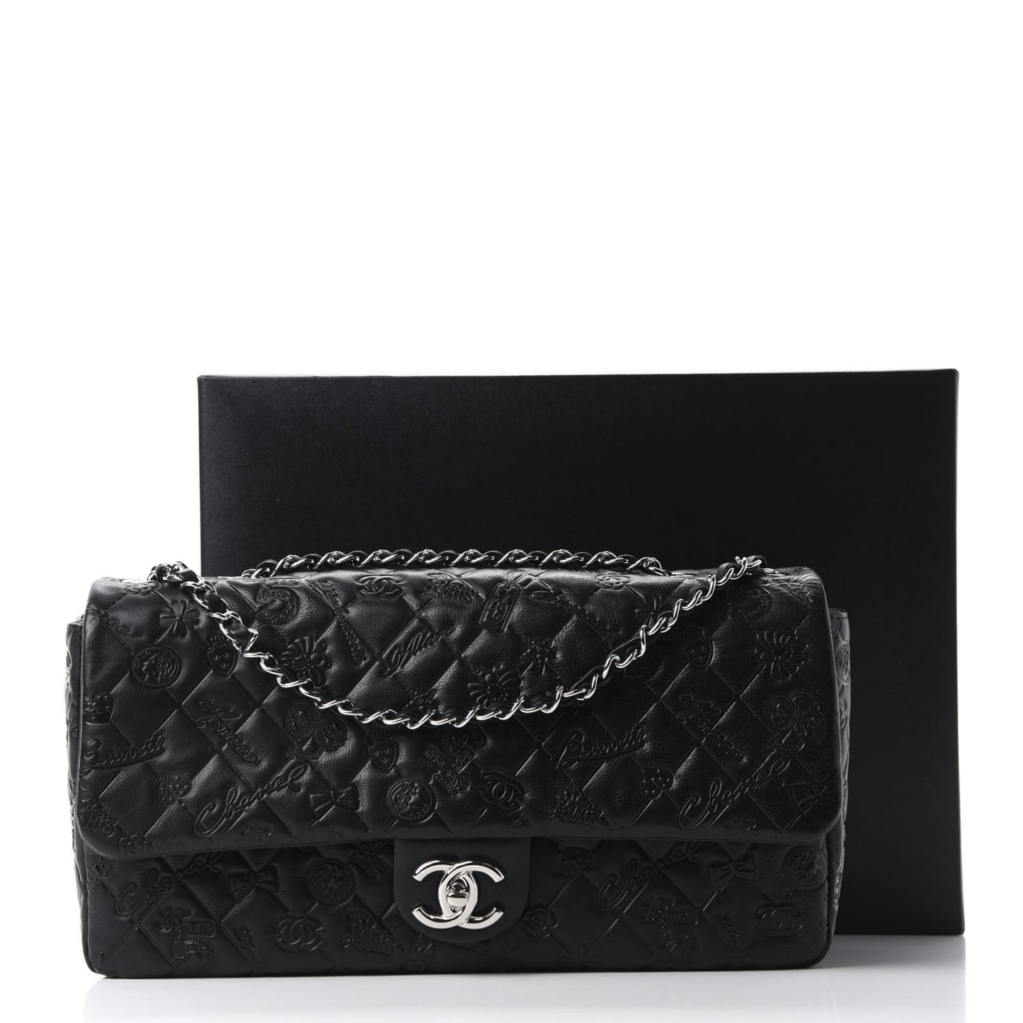 Calfskin Embossed Large Lucky Symbols Flap Black