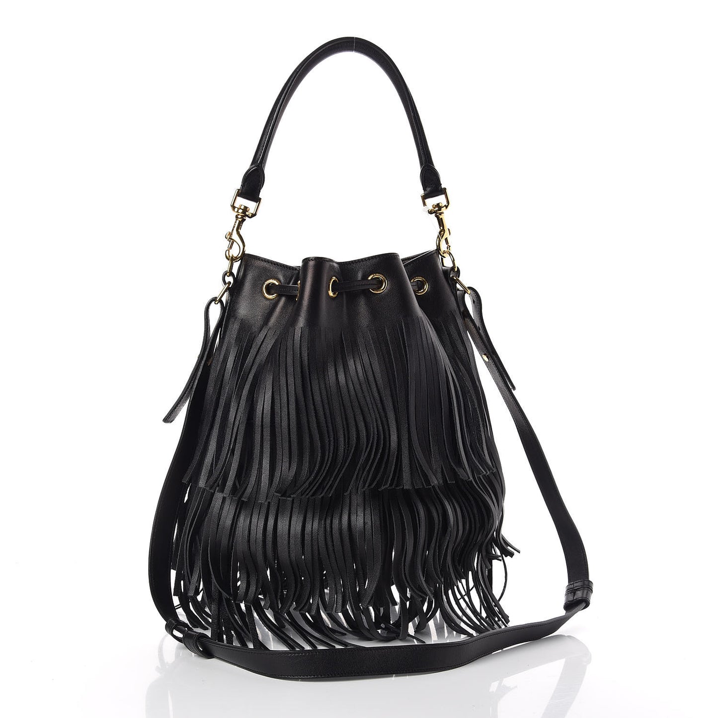 Calfskin Small Emmanuelle Fringe Bucket Bag Black