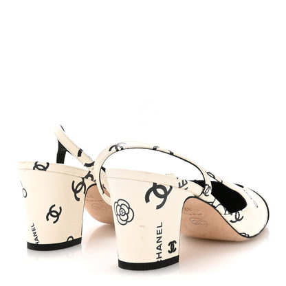Chanel Printed Lambskin Cap Toe CC Slingback Pumps 37.5 Black White 5 of 8