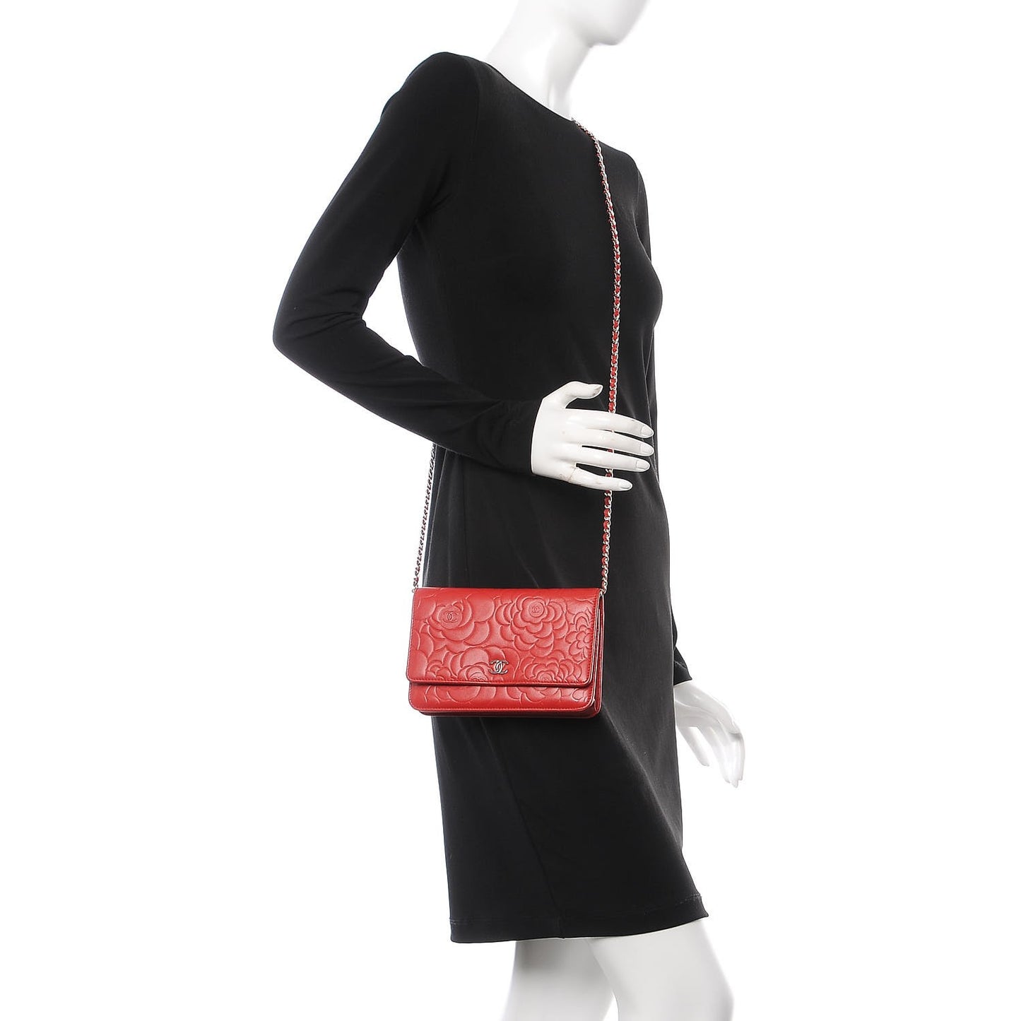 Lambskin Camellia Embossed Wallet On Chain WOC Red