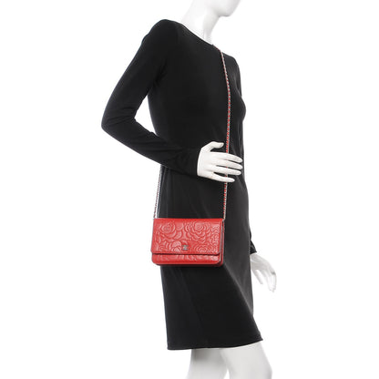 Chanel Lambskin Camellia Embossed Wallet On Chain WOC Red 2 of 9