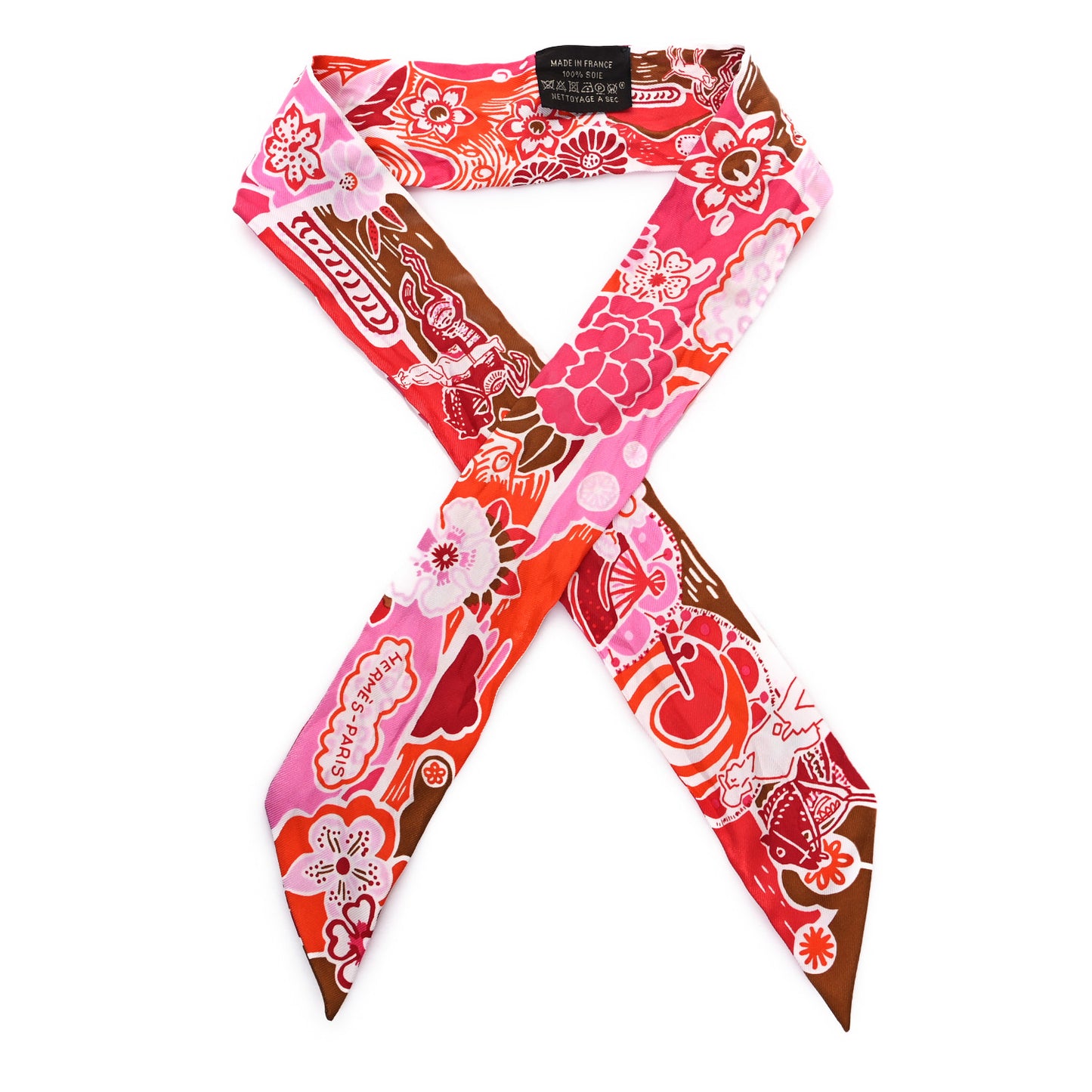 Silk Bingata Twilly Fuchsia Corail Brun