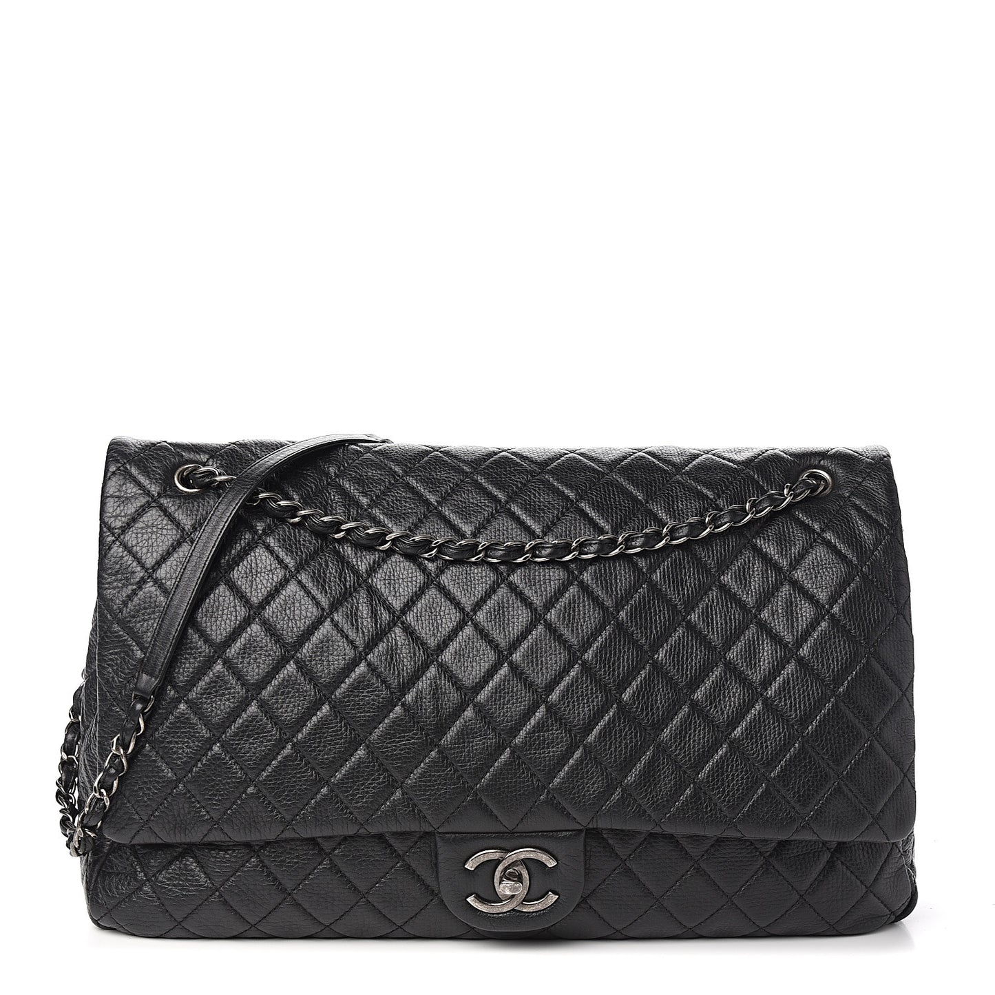 Calfskin Quilted XXL Travel Flap Bag Black