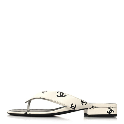 Chanel Lambskin Printed CC Thong Sandals 38 White Black 1 of 9