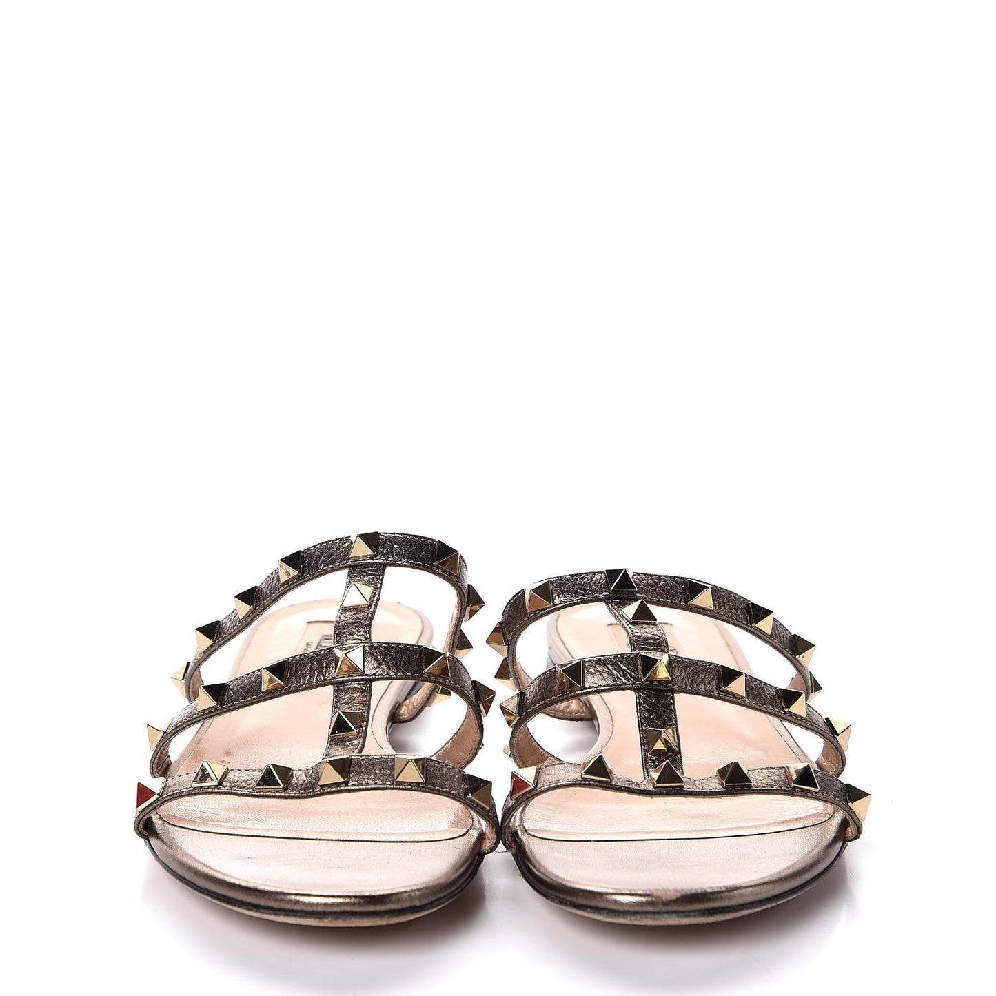 Metallic Pebbled Calfskin Rockstud Caged Flat Slide Sandals 38.5 Sasso