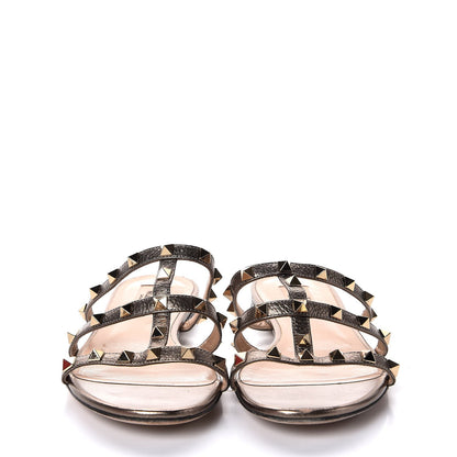 Valentino Garavani Metallic Pebbled Calfskin Rockstud Caged Flat Slide Sandals 38.5 Sasso 2 of 10