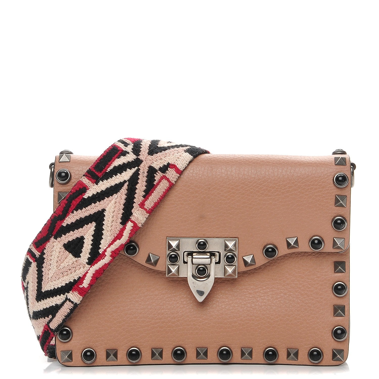 Valentino Garavani Grained Calfskin Onyx Small Guitar Strap Rockstud Rolling Shoulder Flap Bag Soft Noisette 1 of 10