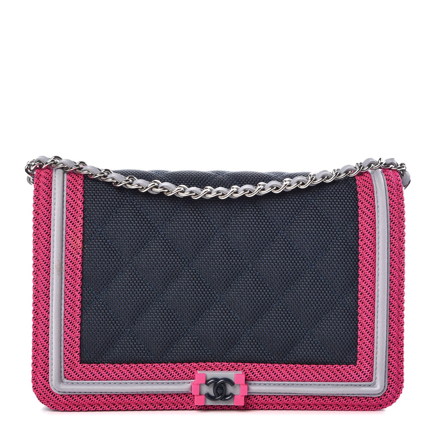 Canvas Quilted Fluo Boy Wallet On Chain WOC Dark Navy Fuchsia Grey