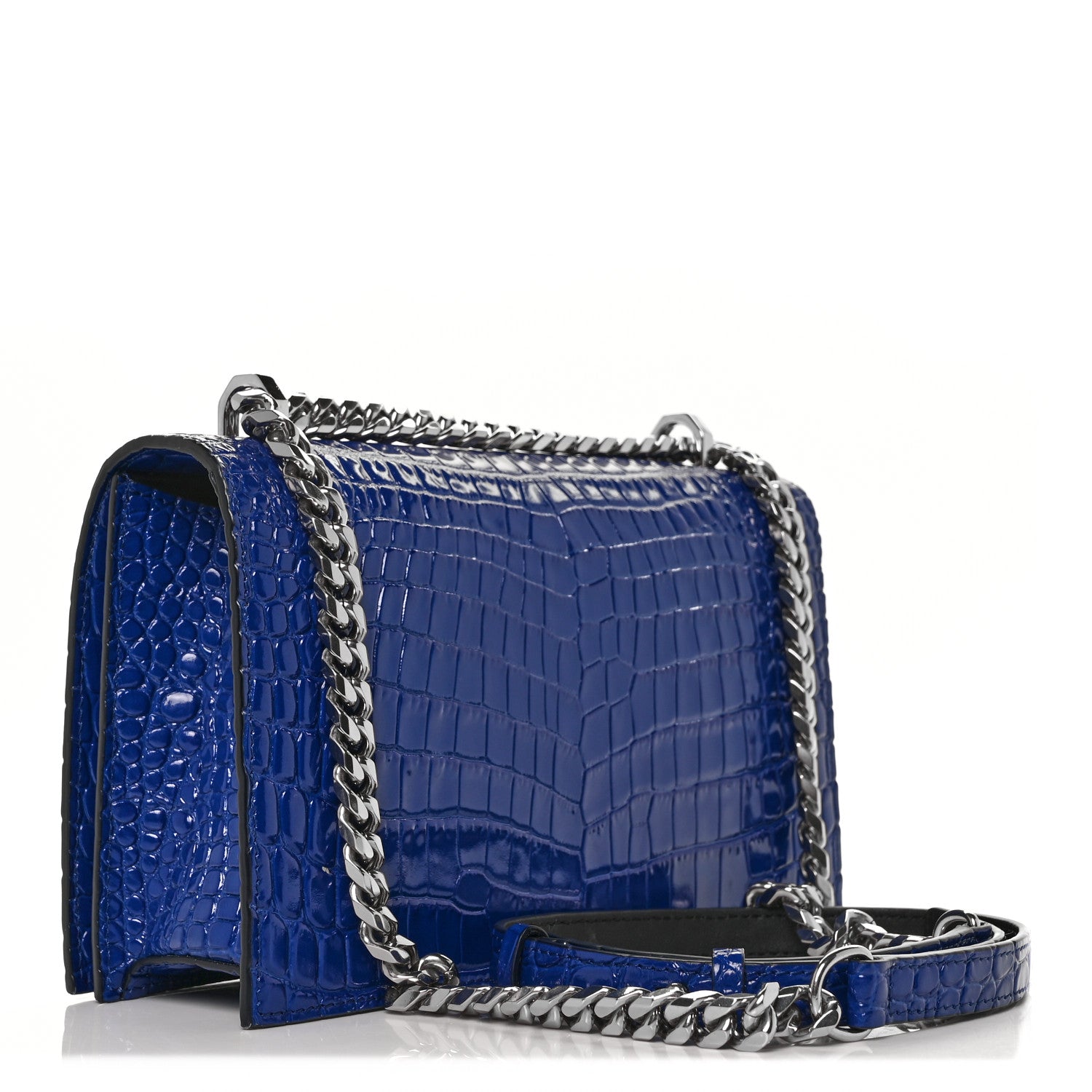 Alexander McQueen Calfskin Crocodile Embossed Knuckle Shoulder Bag Blue 2 of 7