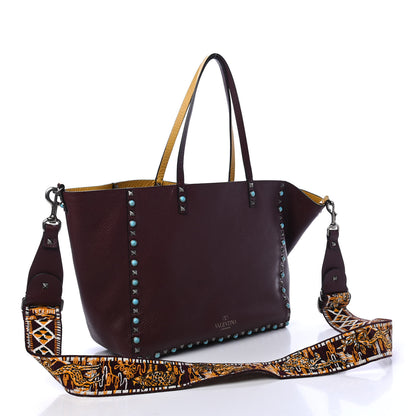 Valentino Garavani Stampa Alce Calfskin Medium Guitar Strap Rockstud Rolling Reversible Tote Wine Yellow 2 of 4