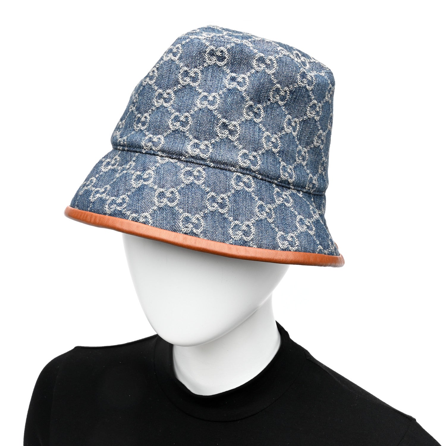 Gucci Washed Jacquard Denim Nappa GG Monogram Oscar Bucket Hat S Denim Cuir 2 of 8