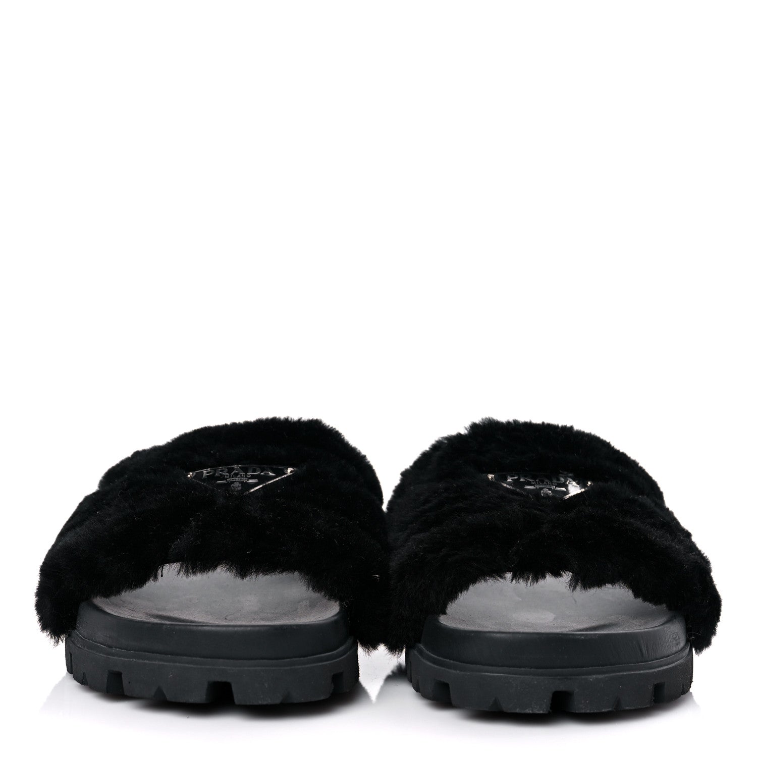 Prada Montone Metal Triangle Logo Lug Sole 20mm Slide Sandals 39 Black 2 of 8