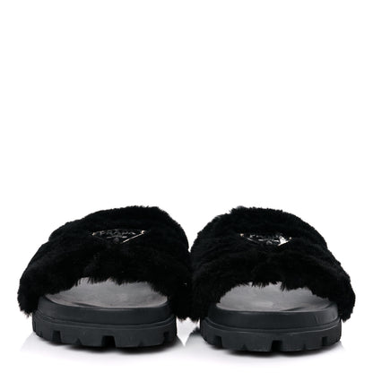 Prada Montone Metal Triangle Logo Lug Sole 20mm Slide Sandals 39 Black 2 of 8