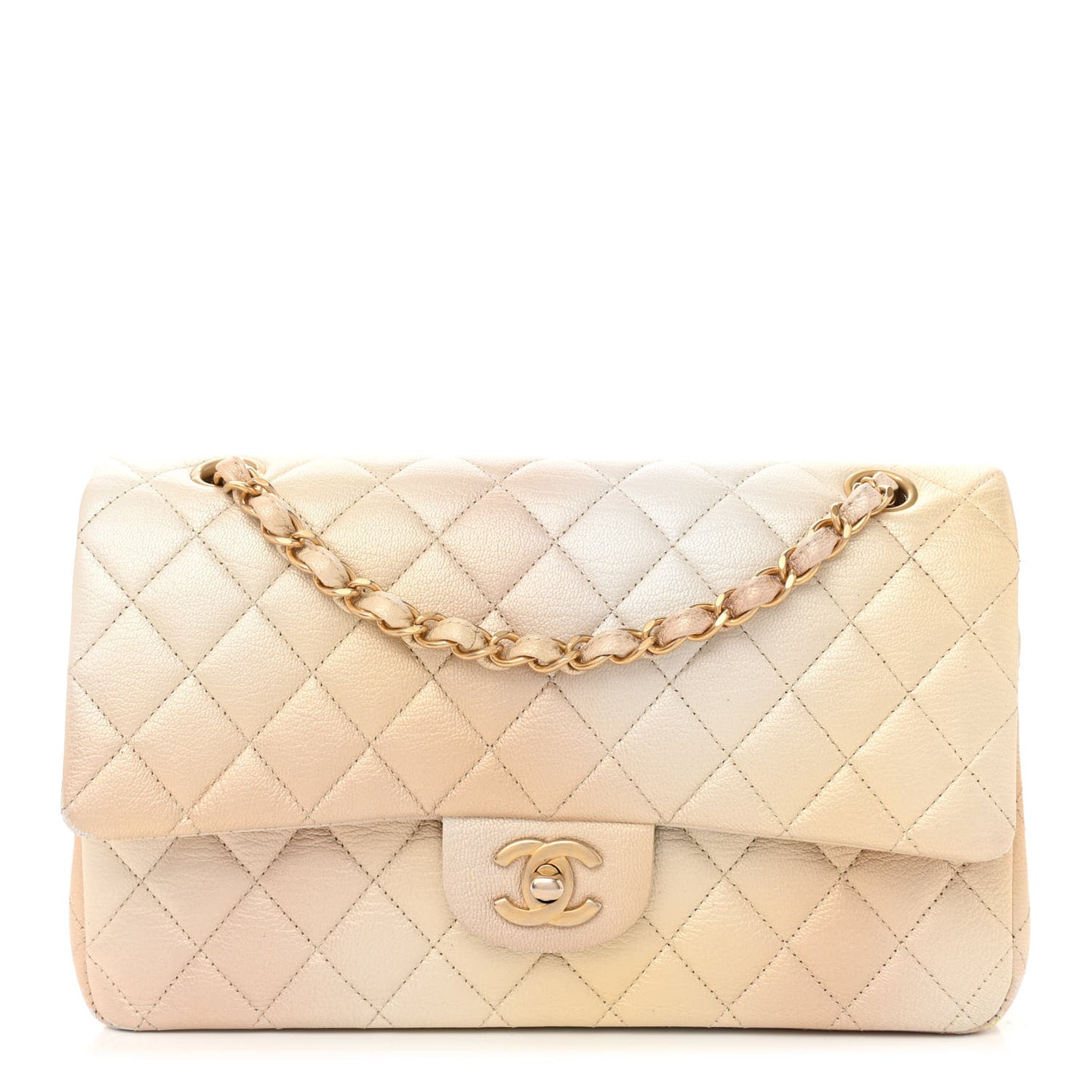 Metallic Goatskin Quilted Ombre Medium Double Flap Gold