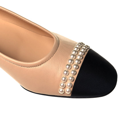 Chanel Lambskin Grosgrain Pearl Cap Toe CC Pumps 36 Beige Black 8 of 9