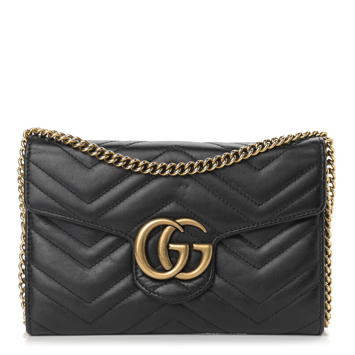 Gucci Calfskin Matelasse Mini GG Marmont Chain Wallet Black 1 of 17
