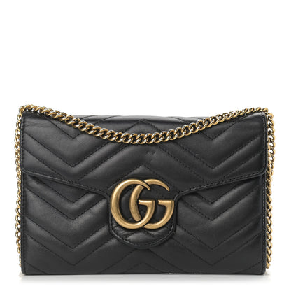 Gucci Calfskin Matelasse Mini GG Marmont Chain Wallet Black 1 of 17